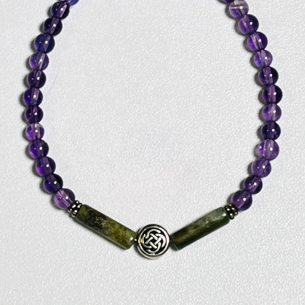 Purple Green Gemstone Beaded Bracelet Silver Tone Celtic Knot Toggle Dainty Boho